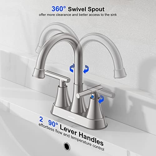 Bathroom Faucets for Sink 3 Hole, Hurran 4 inch Brushed Nickel Bathroom Sink Faucet with Pop-up Drain and Supply Hoses, Stainless Steel Lead-Free Centerset Faucet for Vanity RV, 2 Pack