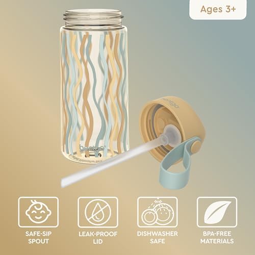 Bentgo Kids Water Bottle (Whimsy & Wonder Collection) - Leak-Proof Durable Tritan 15 oz. Cup for Kids/Toddlers 3+; Flip-Up Safe-Sip Straw for School, Sports, Daycare, Camp & More (Wavy)