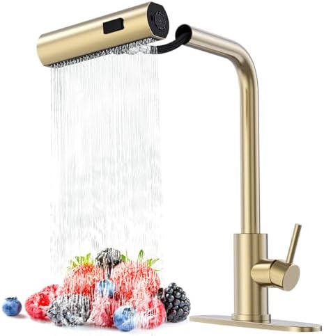 Brushed Gold Single Hole Kitchen Faucets with Pull Down Sprayer, Single Handle, High Flow Water, Pull Out Tap, Stainless Steel Sink Faucet, Suitable for Farmhouse Camper Laundry Rv Bar
