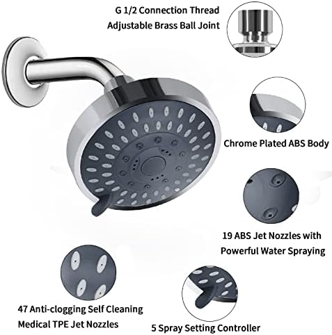 AISOSO Shower Head 2 PCS, 5 Modes High Pressure Shower Heads for Relaxed Shower Experience, 4.1 Inch Bathroom Fixed Showerhead Even at Low Water Pressure for Powerful Spray, Chrome