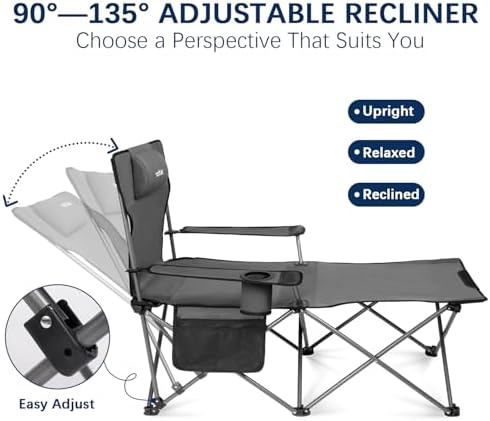 apollo walker Camping Chairs for Adults - 6 Legged Beach Chair with Foot Rest, Adjustable 90° - 135° Reclining Lounge Chair Outdoor, Folding Chairs for Outside with Detachable Pillow & Carry Bag Grey