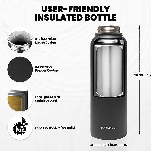 Insulated Water Bottle 40 oz, Triple Wall Vacuum Stainless Steel (Cold for 48 Hrs), Leak Proof & Non-BPA, Modern Water Flask Jug with Paracord Handle & Straw Spout Lids, Magic Black