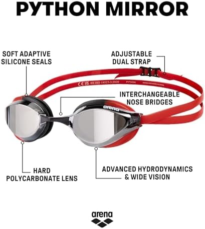 ARENA Unisex Python Racing Swim Goggles for Men and Women Anti-Fog No Leak Max Comfort Dual Strap, Mirror/Non-Mirror Lens