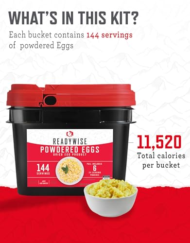 READYWISE - Powdered Eggs Bucket, 144 Servings, Emergency, MRE Food Supply, Premade, Freeze Dried Survival Food for Hiking, Adventure & Camping Essentials, Individually Packaged, 25 Year Shelf Life