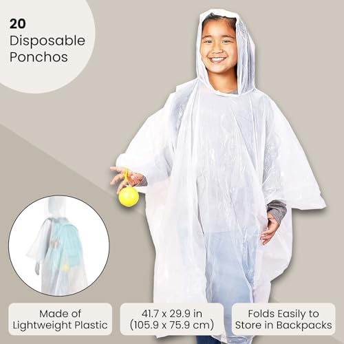 BLUE PANDA 20-Pack Disposable Rain Ponchos with Hood for Kids, Lightweight Emergency Plastic Poncho for Boys & Girls, Ideal for Outdoor Events, Travel, Camping, Hiking, and Festivals, White