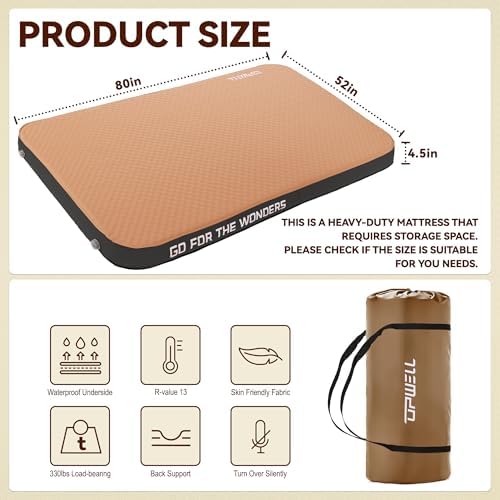 UPWELL Self Inflating Sleeping Pad 4.5" Thickness Camping Mattress with Solid Foam Portable Fast Inflation for Outdoor Double Sleeping Mat Portable Roll Up Bed Brown&Black