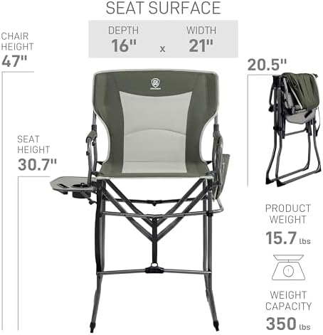 EVER ADVANCED Portable 30.7" Seat Height Tall Folding Camping Chair Directors Chair High Foldable Bar Stool with Side Table for Makeup Artist, Sports Event, Craft Show, Supports 350LBS Green Grey