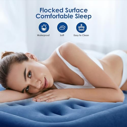 MoKo Air Mattress Queen with Built in Pump, 18'' Luxury Inflatable Mattress, 3 Min Fast Blow up Mattress with Dual-Chamber, Comfort Top - Velvety Air Bed for Home, Camping, Travel, Guests, White/Blue