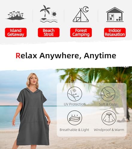 Abahub Surf Poncho Men & Women Towel Poncho Adult with Hood, Thick Quick Dry Changing Poncho Towel, Microfiber Wearable Cover Up for Surfing Beach Swim - Absorbent Changing Towel L (Grey)
