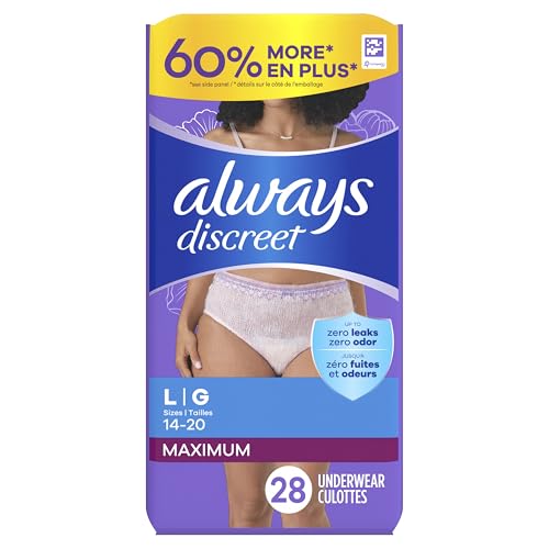 Always Discreet Adult Incontinence Underwear for Women and Postpartum Underwear, Large, Up to 100% Bladder Leak Protection, 28 Count