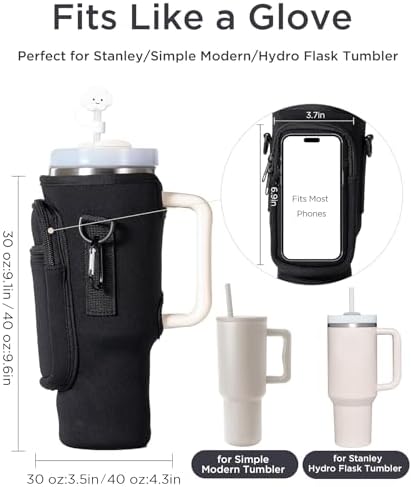 dabria Water Bottle Carrier Bag with Phone Pocket for Stanley 40/30 oz Tumbler Neoprene Water Bottle Holder Pouch with Adjustable Strap Bollus with Straw Cover & Carabiner for Stanley Cup Accessories