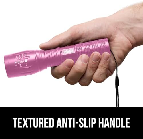 GORILLA GRIP Powerful LED 750 FT Water Resistant 5 Adjustable Mode Tactical Flashlight, High Lumens Ultra Bright Battery Zoom Flashlights, Small Camping Car Mini Flash Light Accessories, 2 Pack, Pink