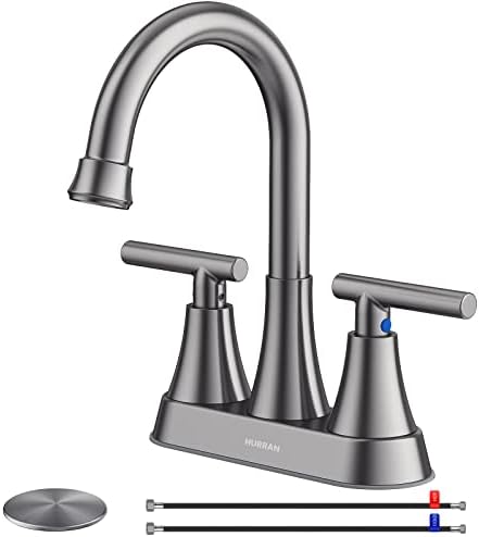 Bathroom Faucets for Sink 3 Hole, Hurran 4 inch Brushed Grey Bathroom Sink Faucet with Pop-up Drain and Supply Hoses, Stainless Steel Lead-Free Centerset Touch On Faucets for Vanity RV