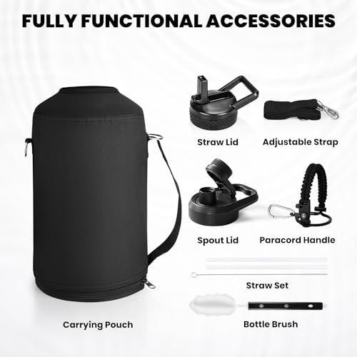 One Gallon Water Bottle Insulated, Triple Walled Vacuum Stainless Steel (Cold for 48 Hrs), Leak Proof & Non-BPA, Large Water Flask Jug with Paracord Handle & Straw Spout Lids