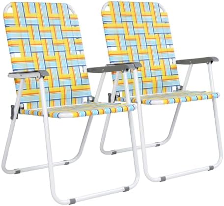 VINGLI Patio Lawn Webbed Folding Chairs Set of 2, Outdoor Beach Chair Portable Dining Chair for Outdoor Yard, Garden (Yellow, Classic)