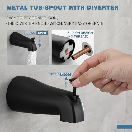 Esnbia Tub Shower Faucet Set (Valve Included) with 6-Inch Rain Shower Head and Tub Spout, Black Shower Head and Handle Set,Single-Handle Tub and Shower Trim Kit, Matte Black