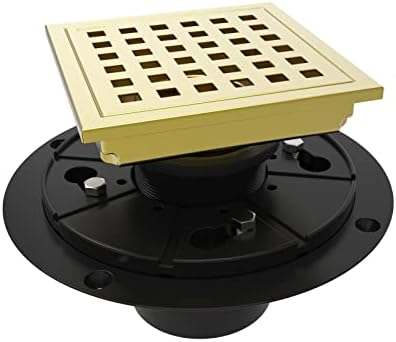 4 Inch Square Shower Floor Drain with Flange,Quadrato Pattern Grate Removable,Food-Grade SUS 304 Stainless Steel,Watermark&CUPC Certified, Brushed Gold