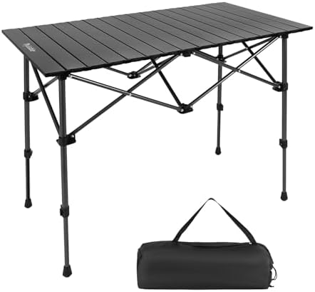 Camping Table Folding Portable Camp Aluminum Fold Up Lightweight Roll Up Table Adjustable Height with Carry Bag Indoor Outdoor for Camping, Picnic, Backyard, BBQ, Patio, Black