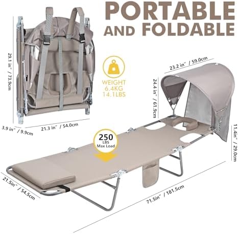 Backpack Beach Tanning Chair with Canopy Sun Shade & Face Hole, 6 Position Folding Lounge Sun Chair for Adults Outside Reading Sunbathing Poolside Camping Lawn, UPF 50+, Patent Design