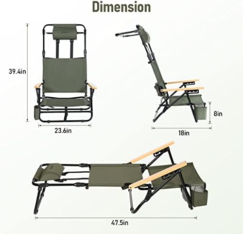 REALEAD Reclining Beach Chairs for Adults, Extendable High Back Beach Chair with Headrest and Cooler Pouch, 4-Position Lay Flat Folding Beach Chairs Heavy Duty Support 330LB