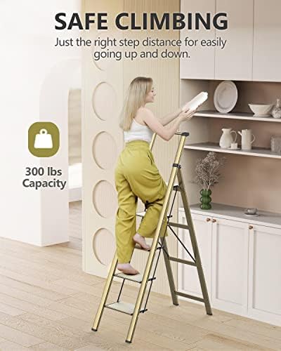 WOA WOA 5 Step Ladder, Ladders for Home, Anti-Slip Pedals, Aluminum Step Stool Foldable, Lightweight to Move, Ease of Storage, Reach 10ft for Closet Kitchen Library, Hold 300lbs - Gold