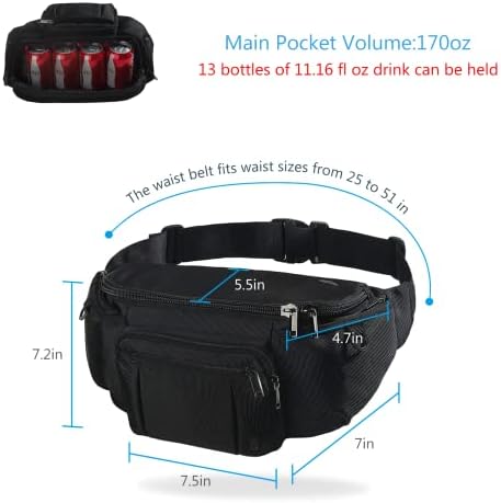 Sports Fanny Pack for Men Women, Outdoor Waist Pack Bag with 6 Zipper Pockets, Super Capacity Bum Bag with Adjustable Belt for Traveling Hiking Cycling Workout Casual
