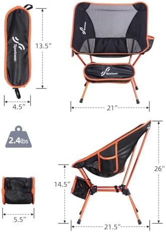 Sportneer Camping Chairs, Lightweight Outdoor Chairs with 2 Side Pockets & Storage Bag, Foldable & Portable Lawn Chairs for Camping Hiking Lawn Picnic Beach Outdoor Travel (1, Orange)