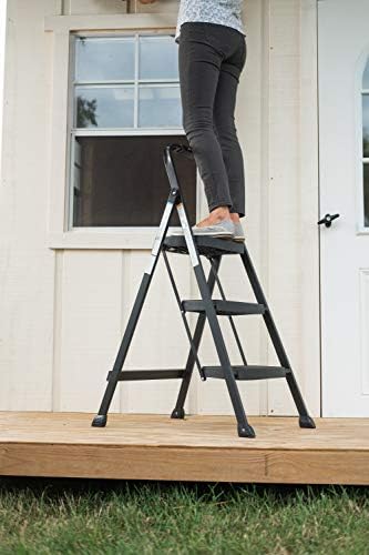 Rubbermaid 3-Step Steel Ladder, Folding Step Stool with Hand Grip and Non-Slip Feet, Black, Tested to ANSI US Safety Standards, No Assembly Required