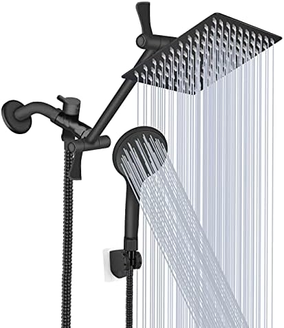 Shower Head, 8ββ High Pressure Rainfall/Handheld Shower Combo with 11'' Extension Arm, 9 Settings, Anti-leak Shower Head with Holder, Height/Angle Adjustable, Chrome, Matte Black