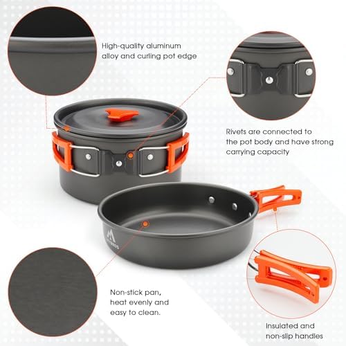 17pcs Camping Cookware Kit, 0.45Gal Pot, 7inches Pan,0.30Gal Kettle Set with 2 Set Stainless Steel Cups Plates Forks Knives Spoons for Hiking,Camping,Backpacking,Outdoor Cooking and Picnic