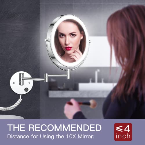 Benbilry 9" Large Size Wall Mounted Lighted Makeup Vanity Mirror, 1X/10X Magnifying Double-Sided AC Powered Bathroom Mirror, 360° Swivel 13 Inch Extendable