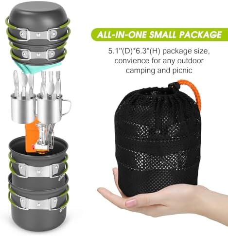 Odoland 16pcs Camping Cookware Mess Kit, Lightweight Pot Pan Mini Stove with 2 Cups, Fork Spoon Kits for Backpacking, Outdoor Camping Hiking and Picnic