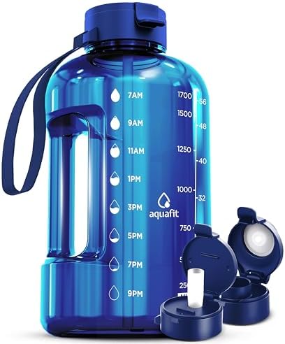 AQUAFIT 64 oz Water Bottle with Time Marker - Straw & Chug Lid - BPA Free Half Gallon Water Bottle, Big Water Bottle with Straw, Gym Water Bottle with Handle, Gallon Water Jug (Blue, 64 Ounces)