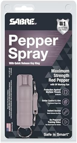 SABRE Pepper Spray, Maximum Police Strength OC Spray, Quick Release Keychain for Easy Carry and Fast Access, Finger Grip for More Accurate and Faster Aim, 0.54 fl oz, Secure and Easy to Use Safety