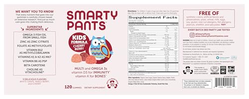 SmartyPants Kids Multivitamin Gummies: Omega 3 Fish Oil (EPA/DHA), Vitamin D3, C, Vitamin B12, B6, A, K & Zinc for Immune Support, Biotin, Grape, Cherry & Berry Flavors, 120 Count (30 Day Supply)