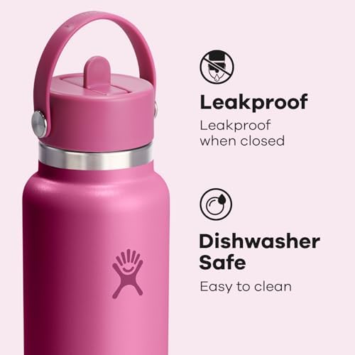 HYDRO FLASK Wide Mouth vacuum insulated stainless steel water bottle with leakproof closeable straw lid for cold water drinks, sports, travel, car and school