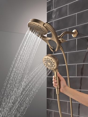Delta Faucet 5-Setting HydroRain 2-in-1 Dual Shower Head with ProClean Spray, Gold Round Shower Head with Hose, Hand Held Shower Head, Champagne Bronze 75419CZ