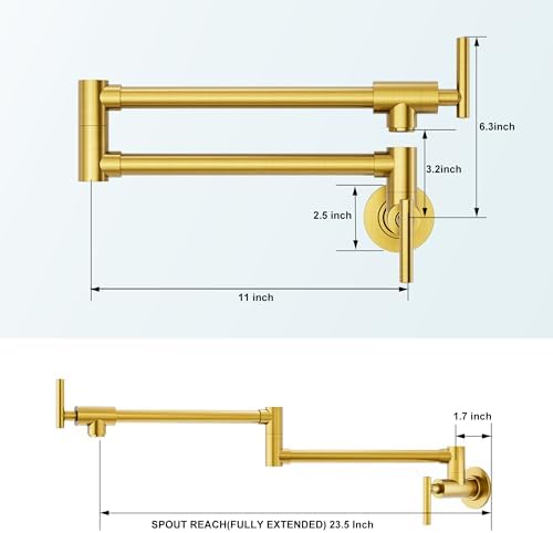WOWOW Pot Filler Faucet Brushed Gold, Solid Brass Pot Filler Wall Mount Kitchen Stove Faucet with Double Joint Swing Arms