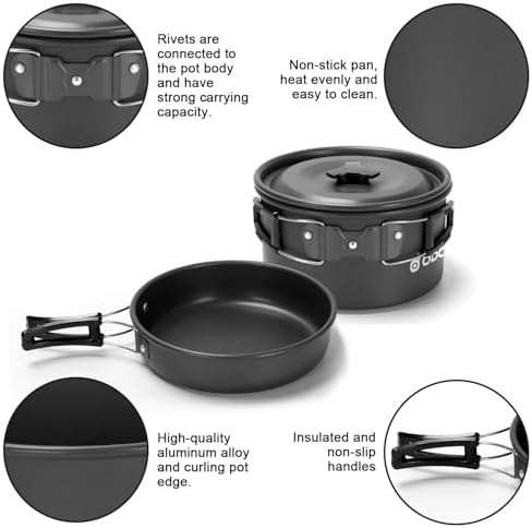 Odoland 16pcs Camping Cookware Set with Folding Camping Stove, Non-Stick Lightweight Pot Pan Kettle Set with Stainless Steel Cups Plates Forks Knives Spoons for Camping Backpacking Outdoor Picnic