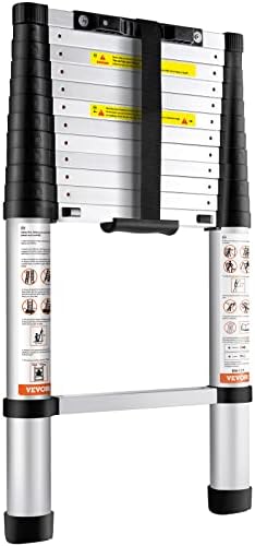 VEVOR Telescoping Ladder, 12.5 FT Aluminum One-Button Retraction Collapsible Extension Ladder, 375 LBS Capacity w/Non-Slip Feet, Portable Multi-Purpose Compact Ladder for Home, RV, Loft, ANSI Listed