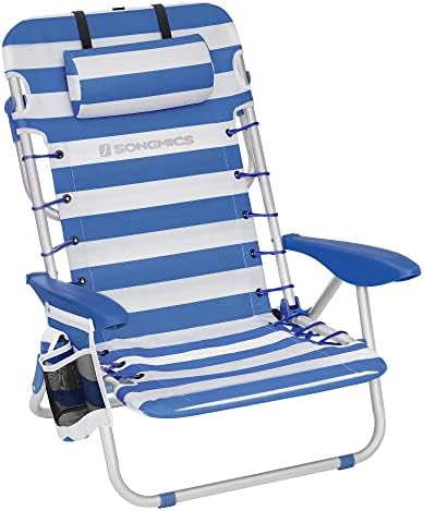 SONGMICS Portable Backpack Beach Chair, 331 lb Capacity, 4 Angles Adjustable Backrest, 2 Side Pockets, Towel Bar, Blue and White UGCB62BU