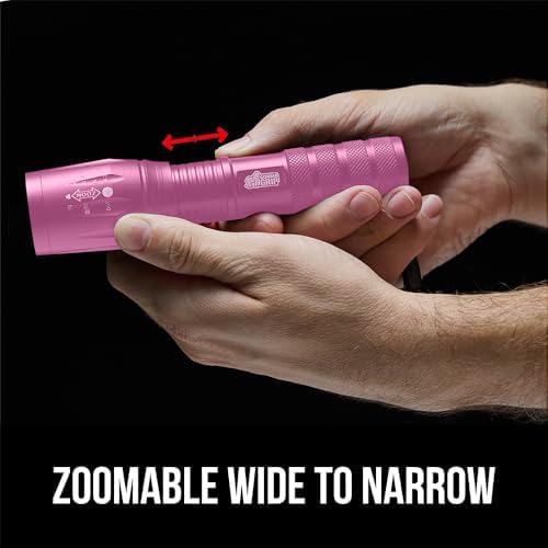 GORILLA GRIP Powerful LED 750 FT Water Resistant 5 Adjustable Mode Tactical Flashlight, High Lumens Ultra Bright Battery Zoom Flashlights, Small Camping Car Mini Flash Light Accessories, 2 Pack, Pink