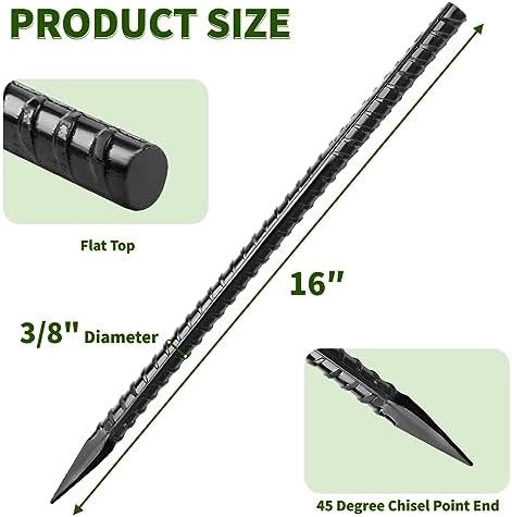 16 inches Ground Rebar Stakes (16 pcs) Heavy Duty Metal Spikes for Concrete Timber Garden Plant, Long Straight Steel Stakes for Tent, 3/8" Thickness Ground Anchors with Chisel Point End, Black