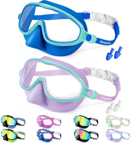 Vvinca Swim Goggles with Nose Cover, 2 Pack Wide View Diving Mask Anti-Fog UV No Leak Toddlers Swimming Goggles for Kids 3-15