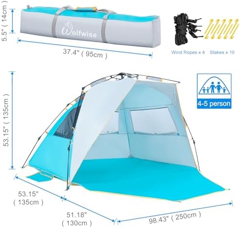 WolfWise 4-5 Person Easy Up Beach Tent UPF 50+ Portable Instant Sun Shelter Canopy Umbrella with Extended Zippered Porch, Blue