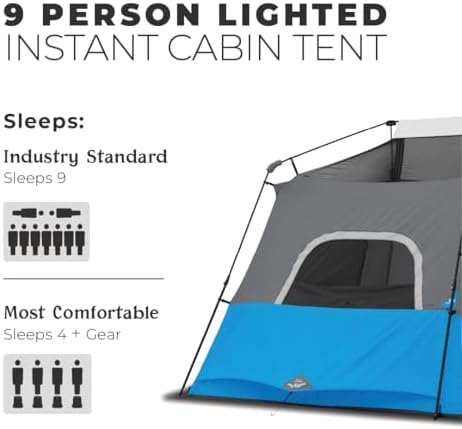 CORE Instant Cabin Tents with LED Lights | 6 Person / 9 Person / 12 Person Family Multi Room Lighted Pop Up Tents for Camping | Included Storage Pockets for Camping Accessories
