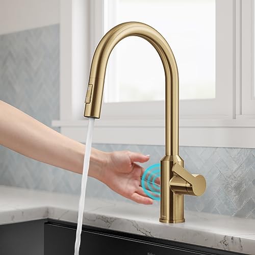 Kraus Oletto Kitchen Faucets Touchless Sensor Single Handle Pull-Down Sprayer in Brushed Brass, KSF-2830BB