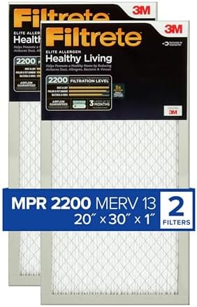 Filtrete 20x30x1 AC Furnace Air Filter, MERV 13, MPR 2200, Elite Allergen, Bacteria & Virus Filter, 3-Month Pleated 1-Inch Electrostatic Air Cleaning Filter, 2-Pack (Actual Size 19.81x29.81x0.78 in)