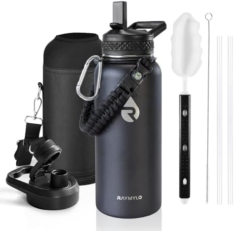Insulated Water Bottle 32 oz, Triple Wall Vacuum Stainless Steel (Cold for 48 Hrs), Leak Proof & Non-BPA, Modern Water Flask Jug with Paracord Handle & Straw Spout Lids, Magic Black