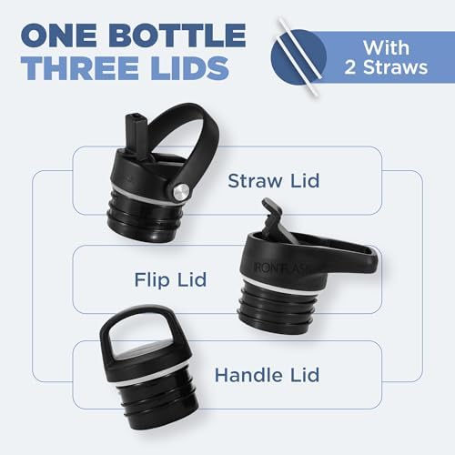 IRON °FLASK Camping & Hiking Hydration Canteens - 3 Lids (Narrow Straw Lid) Leak Proof Vacuum Insulated Stainless Steel - Hot & Cold Double Walled Sports Water Bottle - Black Marquina, 32 Oz